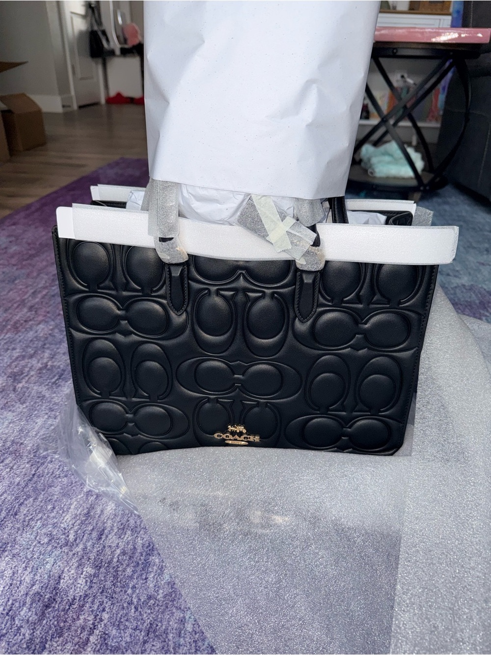 Coach Black Maggie Signature Embossed Leather Tote